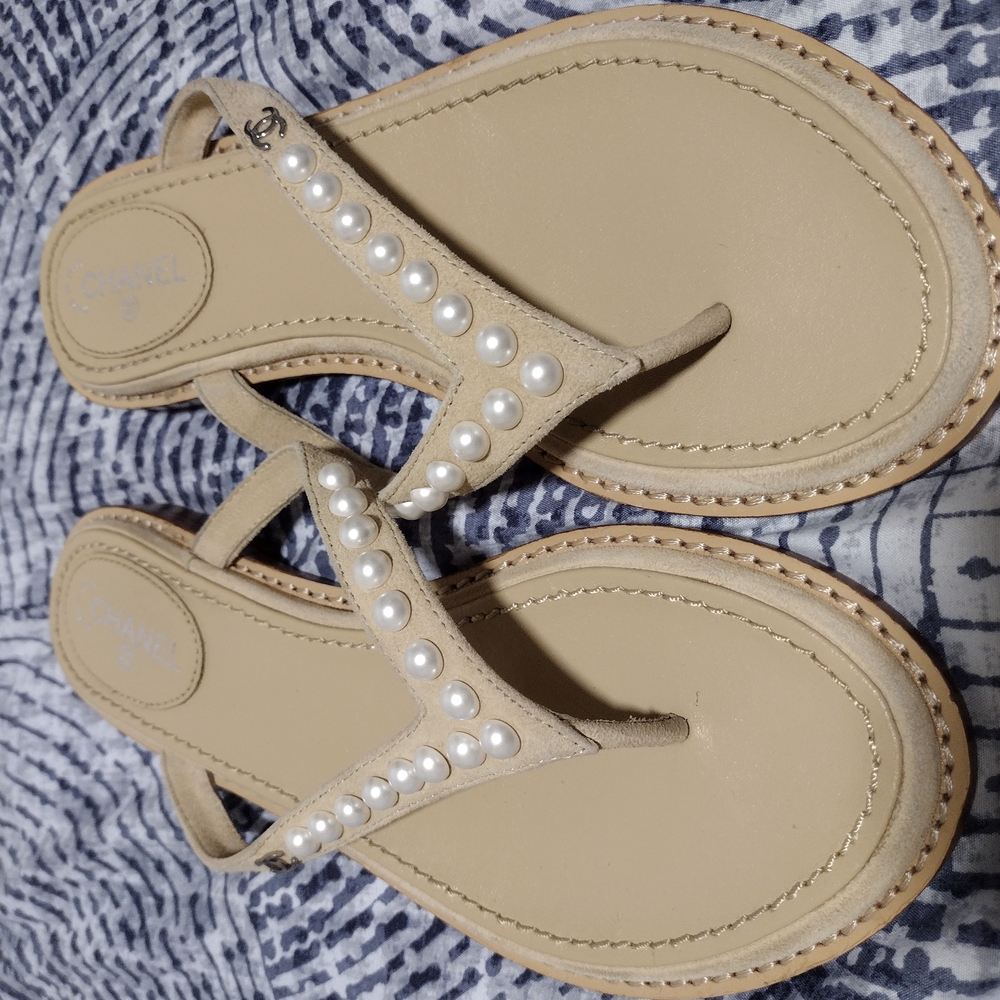 Chanel Women's Tan Sandals with Pearl Accents